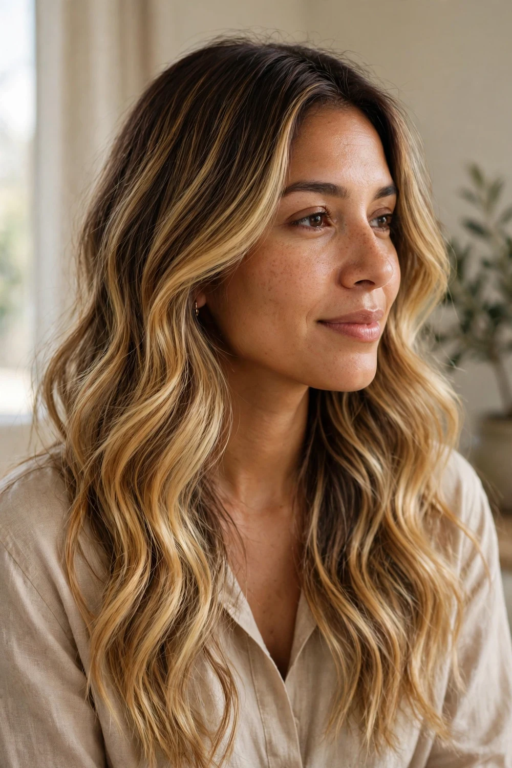 Woman with classic golden blonde balayage on brown hair, hand-painted blonde ribbons through the mid-lengths