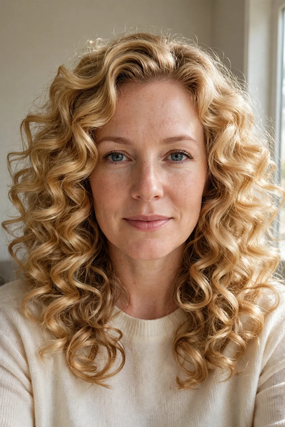 Woman with golden blonde medium hair in thick voluminous curls