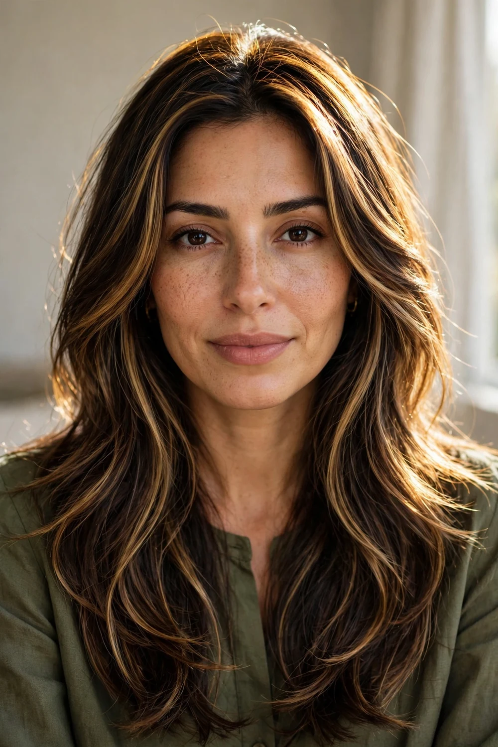 Golden brunette hair with honey-gold strokes creating a warm glow over a deep base
