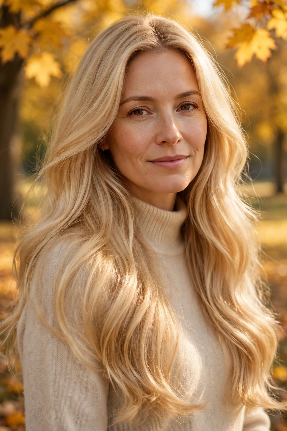 Woman with golden cashmere fall hair color