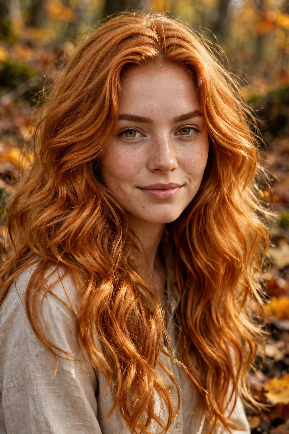 Woman with golden copper fall hair color