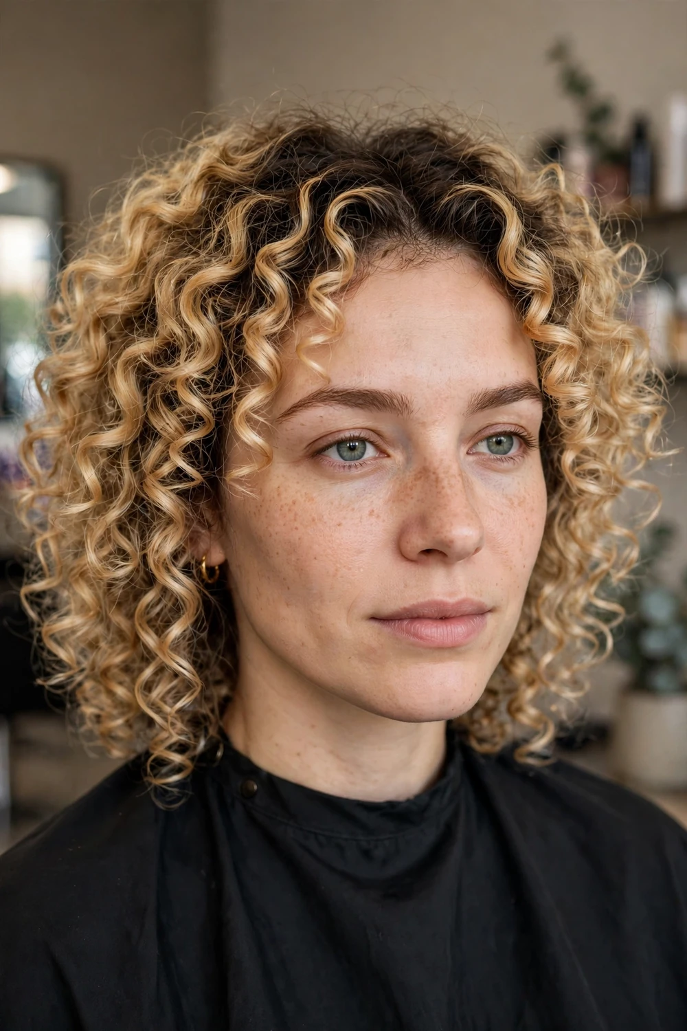 Tight golden blonde curls with dark root accents