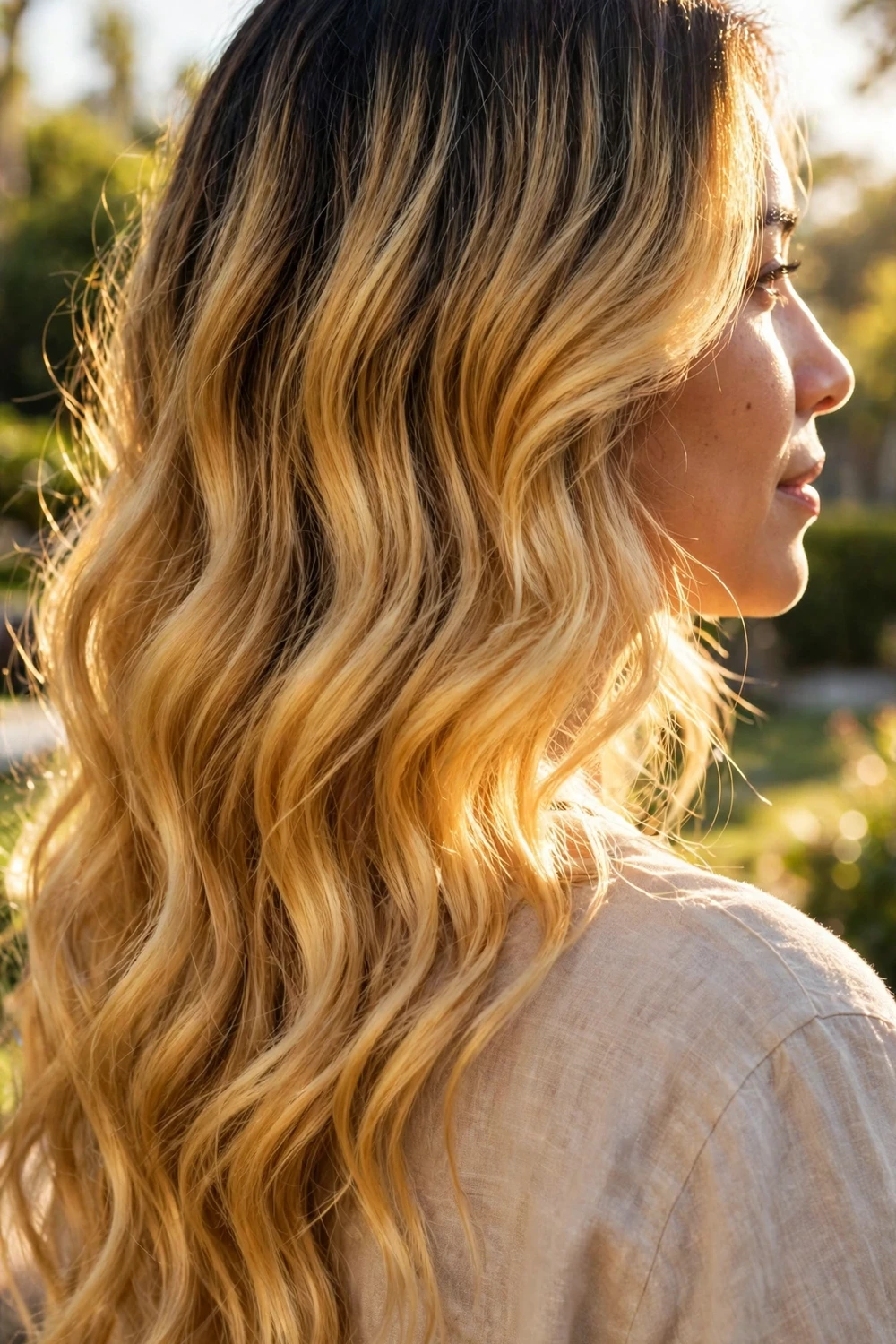 Dark roots with radiant golden blonde ends in waves