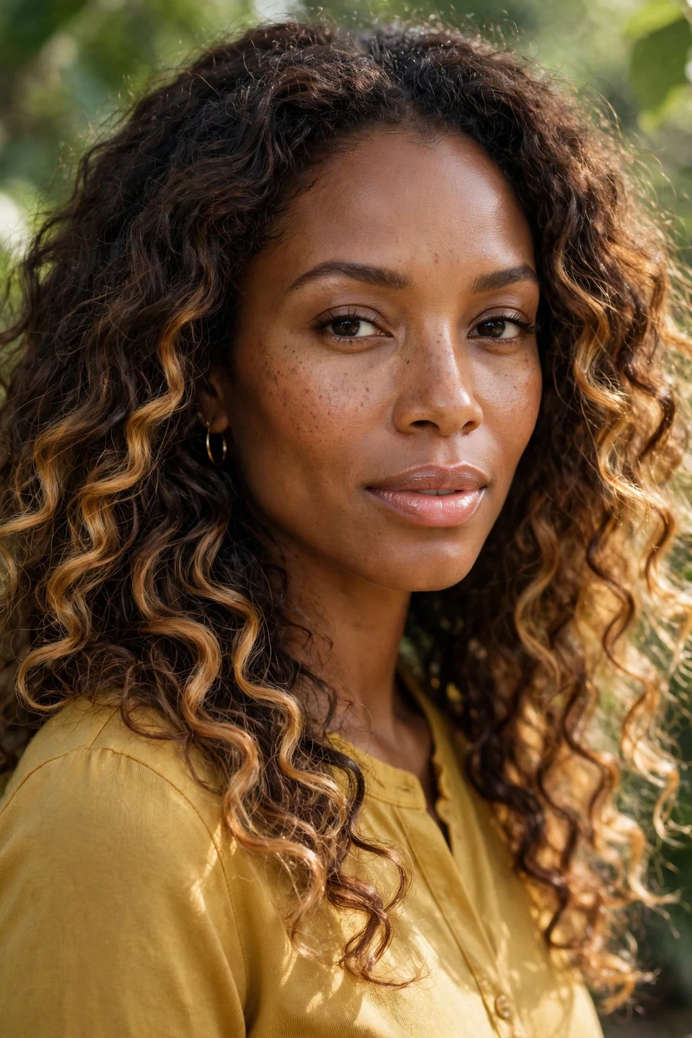 Woman with golden honey balayage on long loose curls