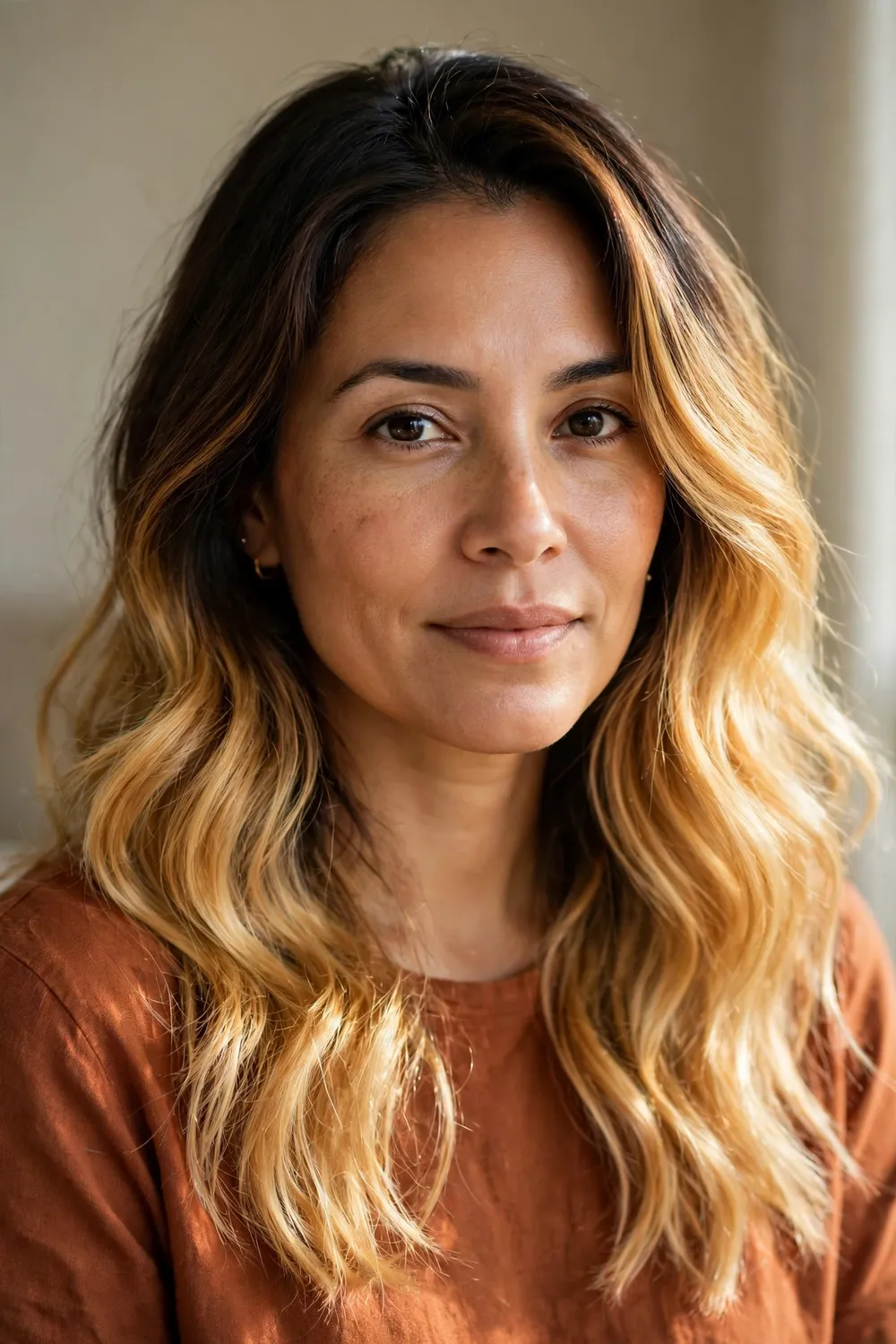 Dramatic golden honey ombre transitioning from dark roots to bright honey ends