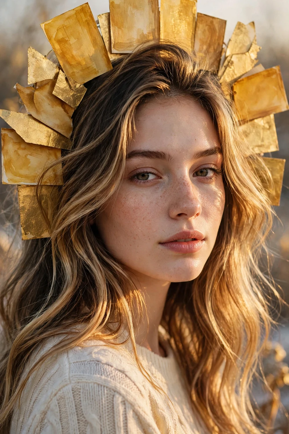 Young woman with golden hour glow balayage, warm golden panels catching light