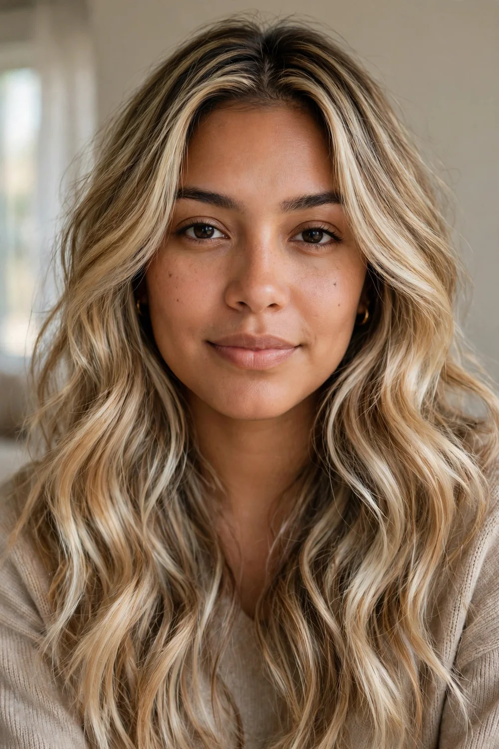 Woman with golden blonde lowlights and platinum blonde balayage highlights