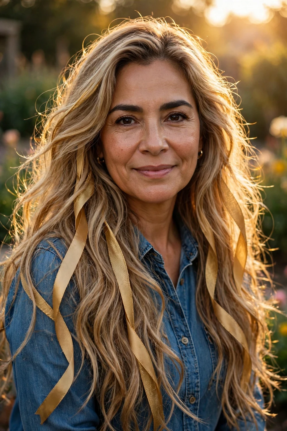 Hispanic woman in her late 40s with very long flowing dirty blonde hair threaded with wide golden ribbon highlights
