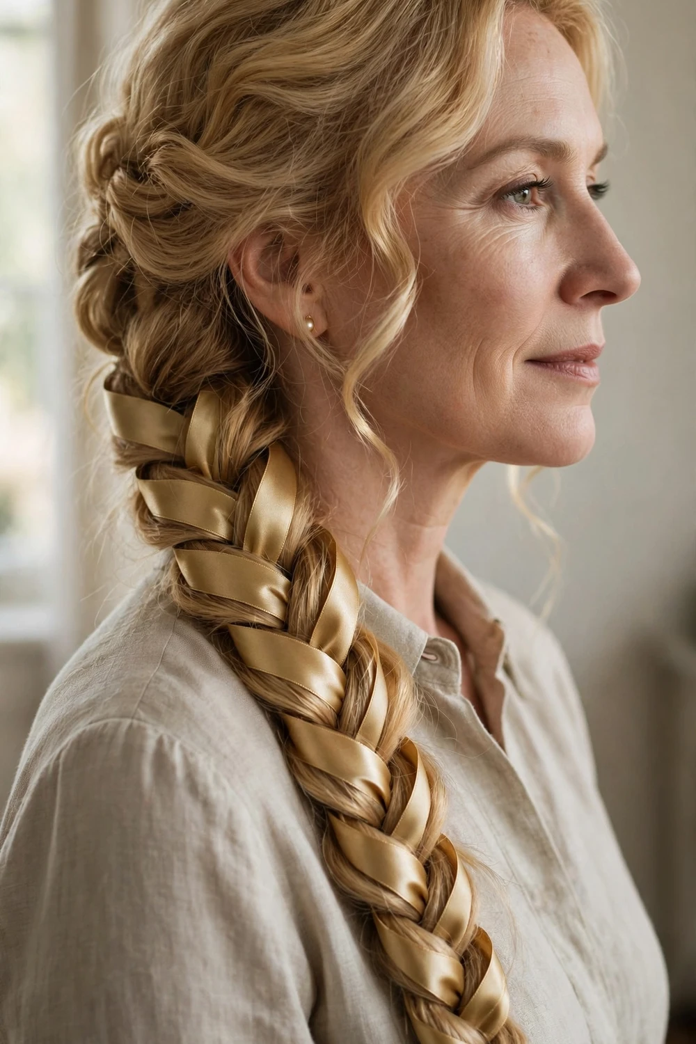 Romantic cascading braid with a gold satin ribbon woven down its length