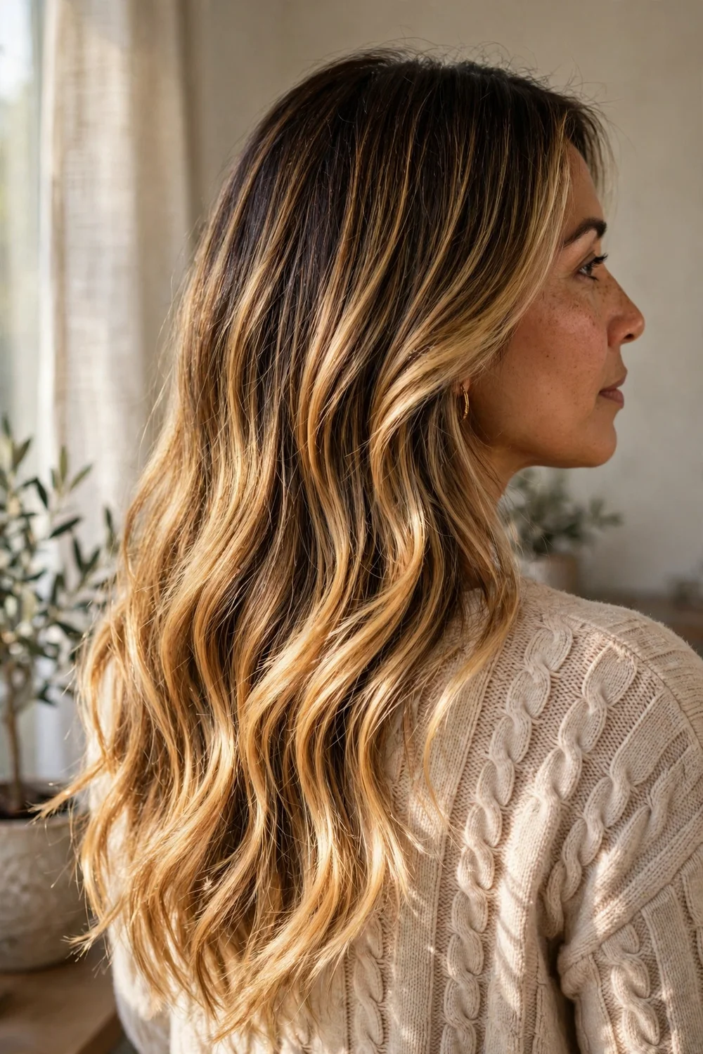 Back view of golden sunshine gradual balayage on long hair