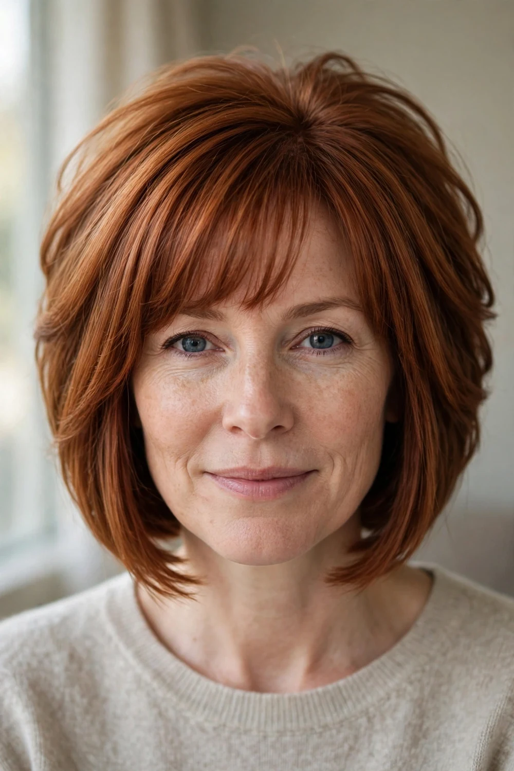 Graduated A-line bob with soft bangs and crown height