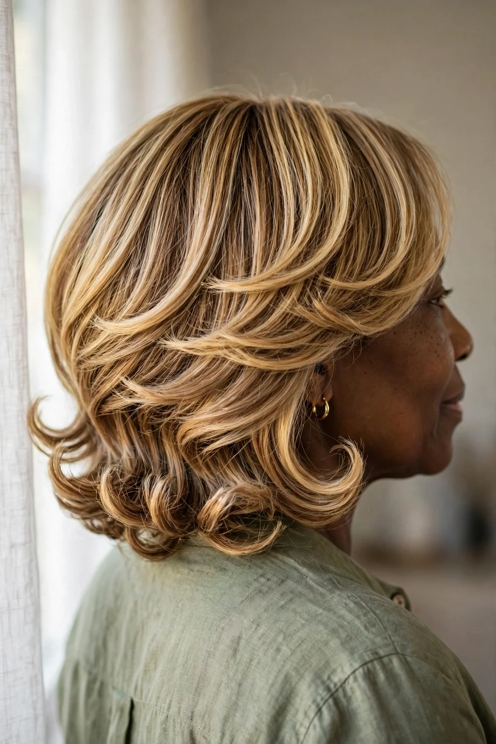 Back view of graduated bob with golden blonde balayage highlights