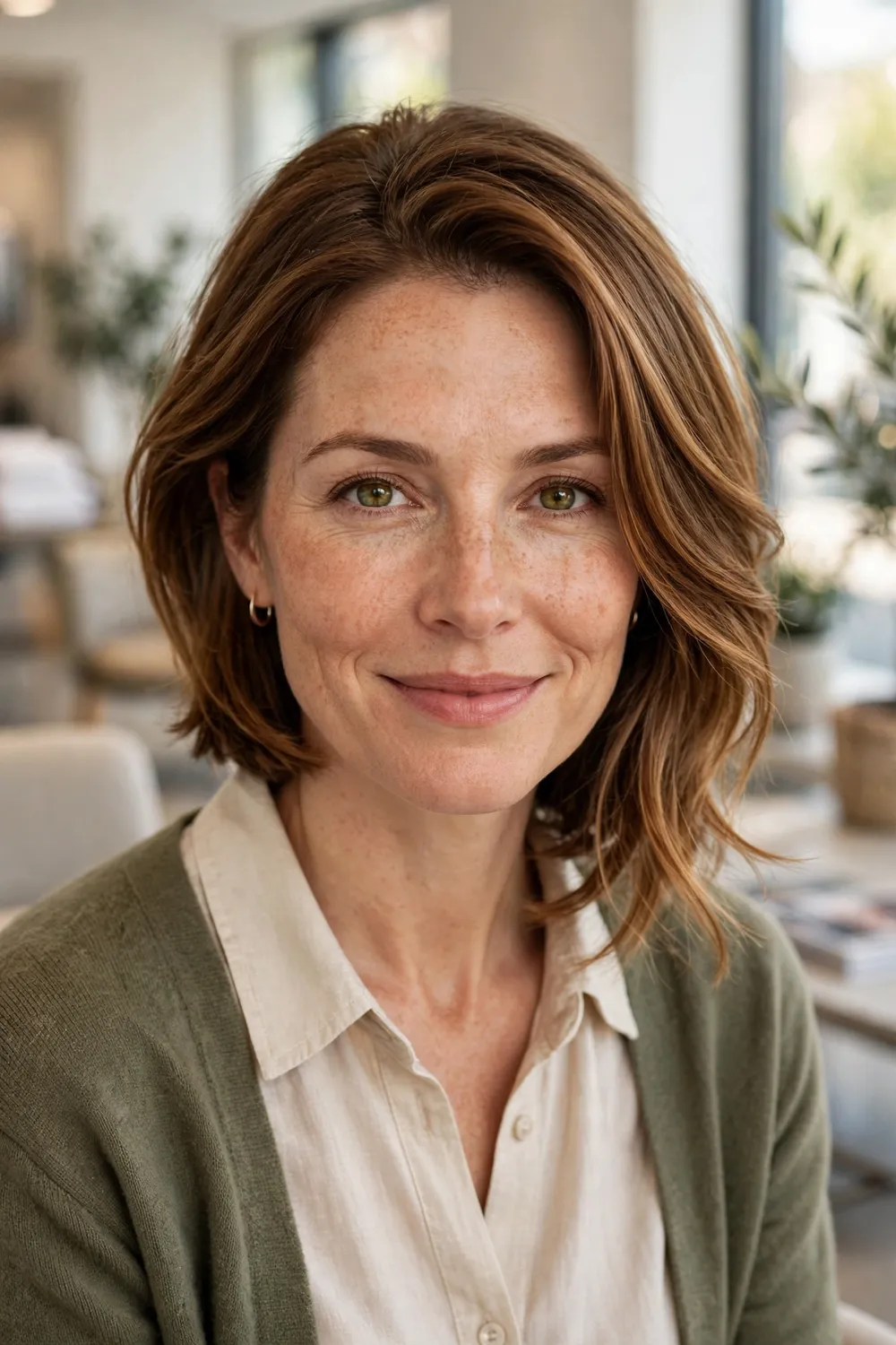 Woman with an oval face wearing a graduated bob with stacked back layers