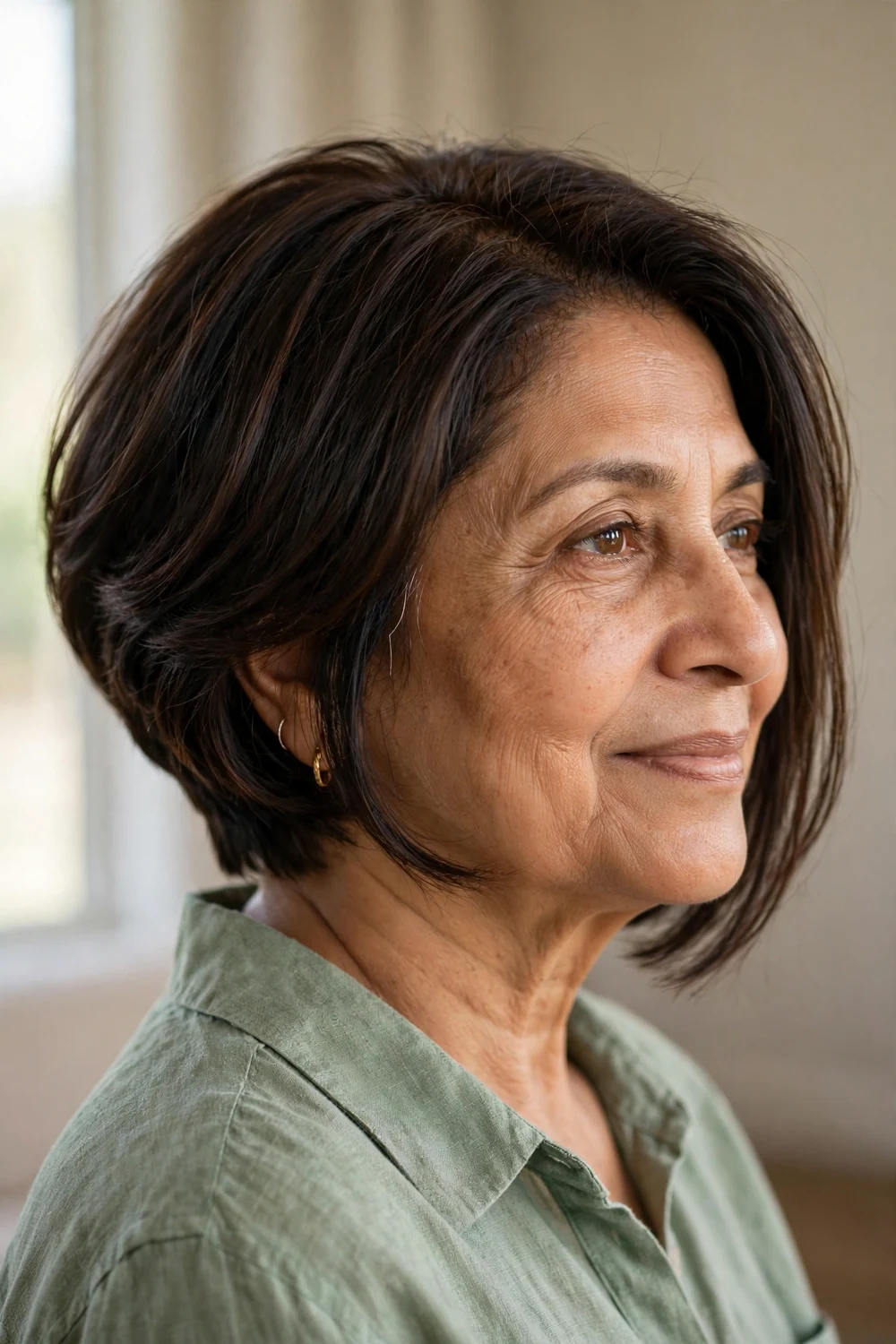 Woman over 50 with a graduated layered bob with side part