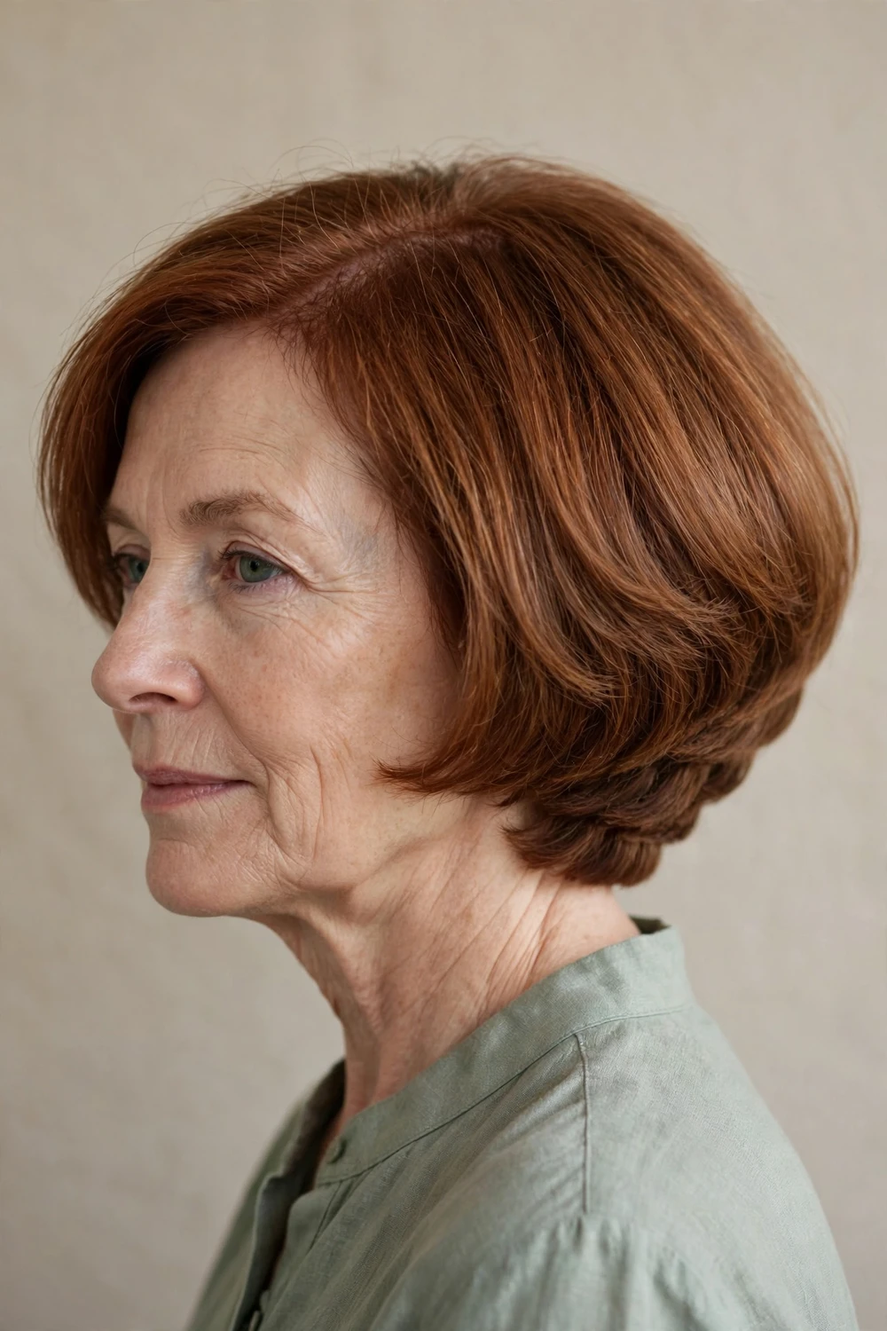 Woman over 50 with a graduated bob with stacked nape layers building volume in thin hair