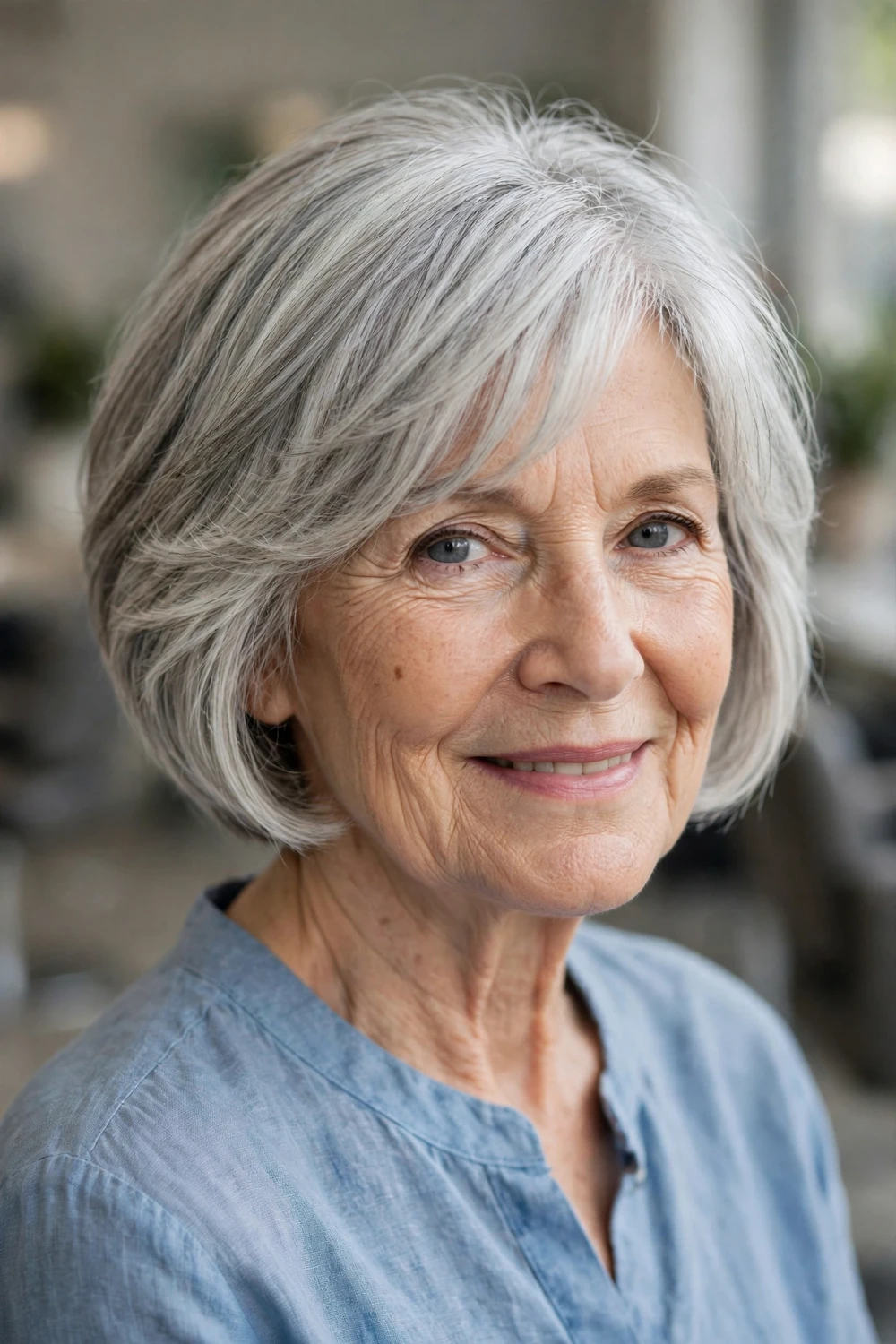 Mature woman with graduated bob with wispy layers