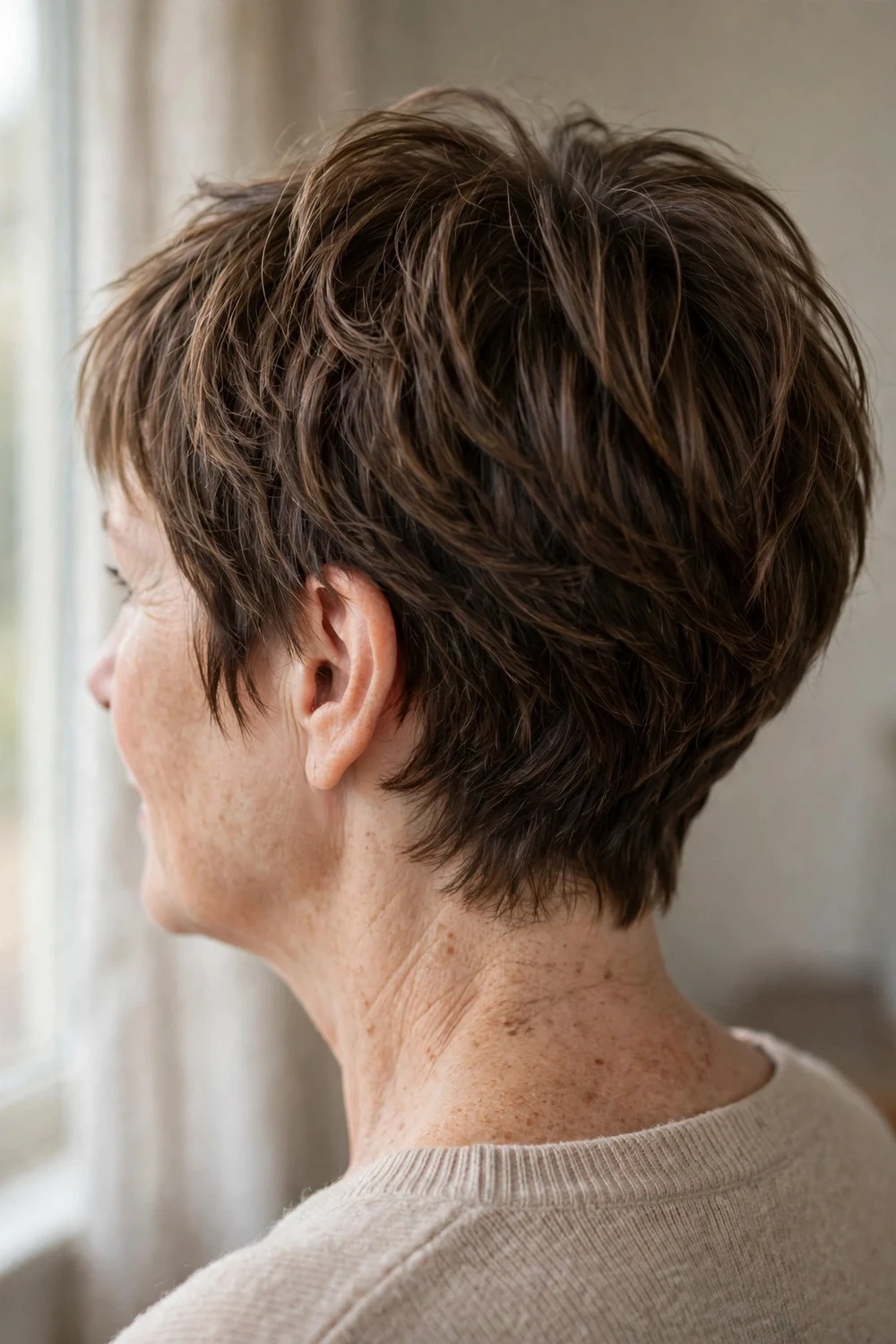 Graduated choppy pixie shorter at the nape and longer toward the front with stacked layers