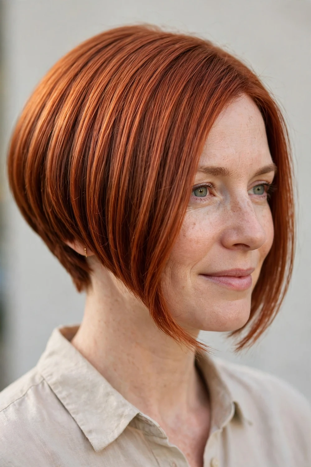 Woman with a graduated layered bob, angled from back to front