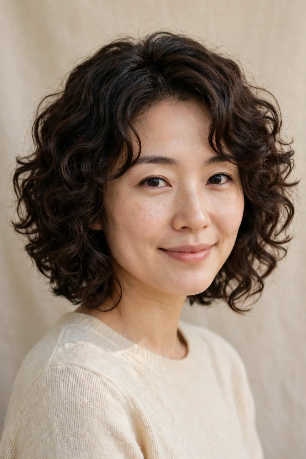 Woman with an oval face wearing a graduated layered curly bob that is shorter at the back and longer at the front