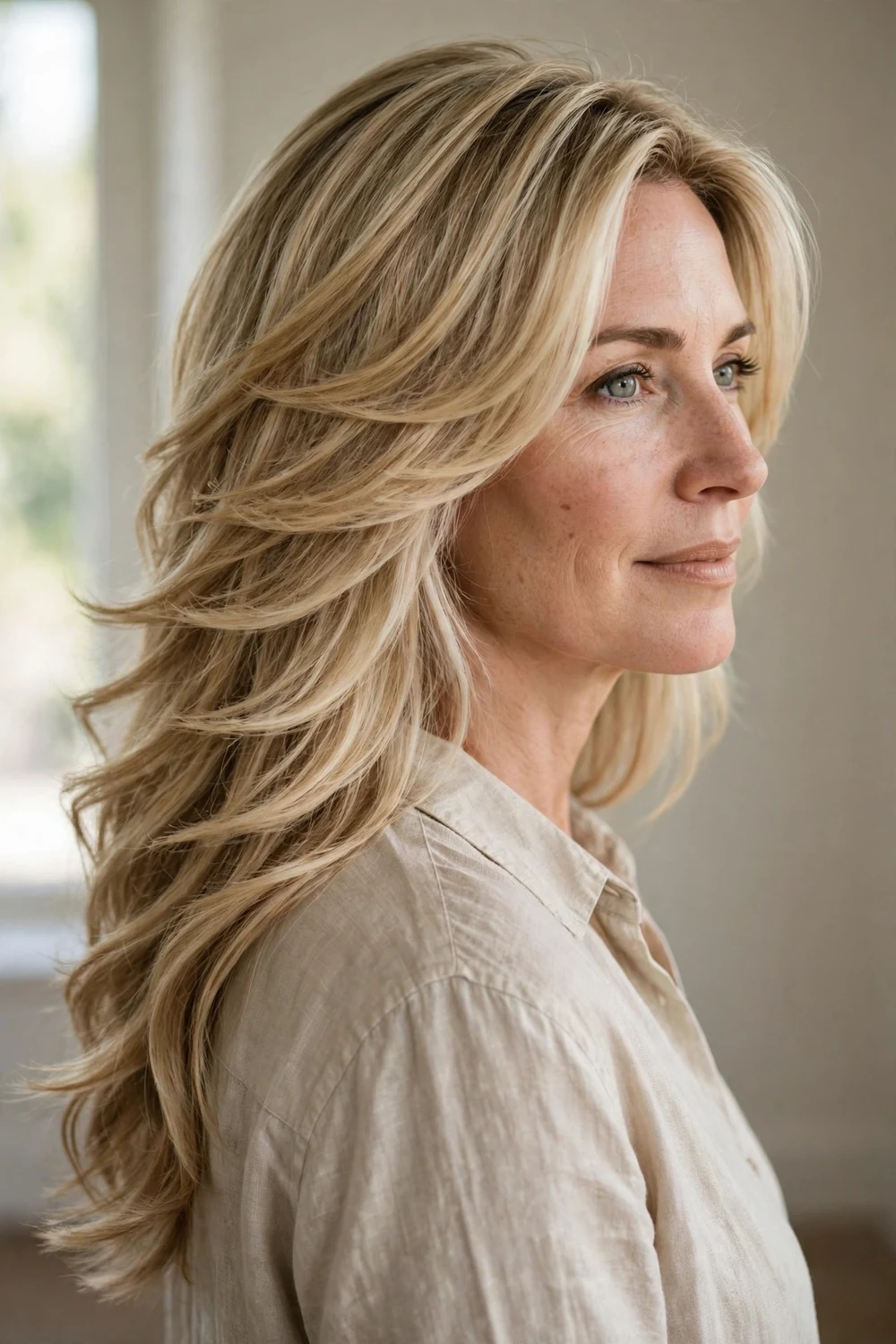 Woman with long dark blonde hair with graduated stacked layers, back three-quarter view