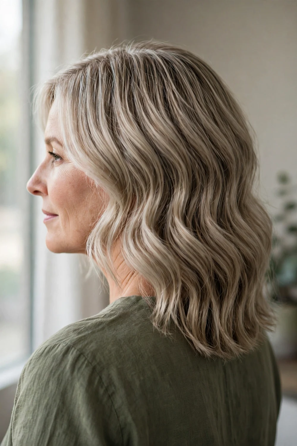 Graduated wavy bob with shorter front layers on ash blonde hair, back three-quarter view