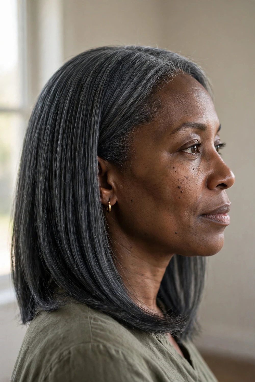 Woman with granite grey shoulder-length straight hair in a dark steel grey shade