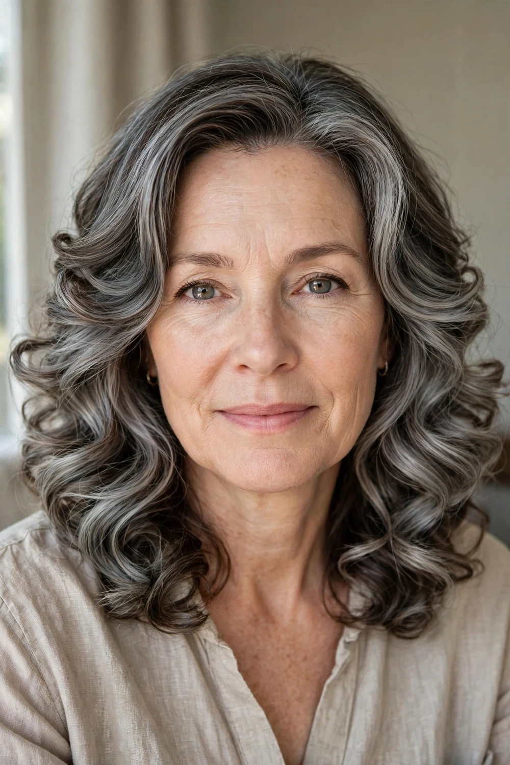 Woman with gray balayage medium hair in soft elegant curls
