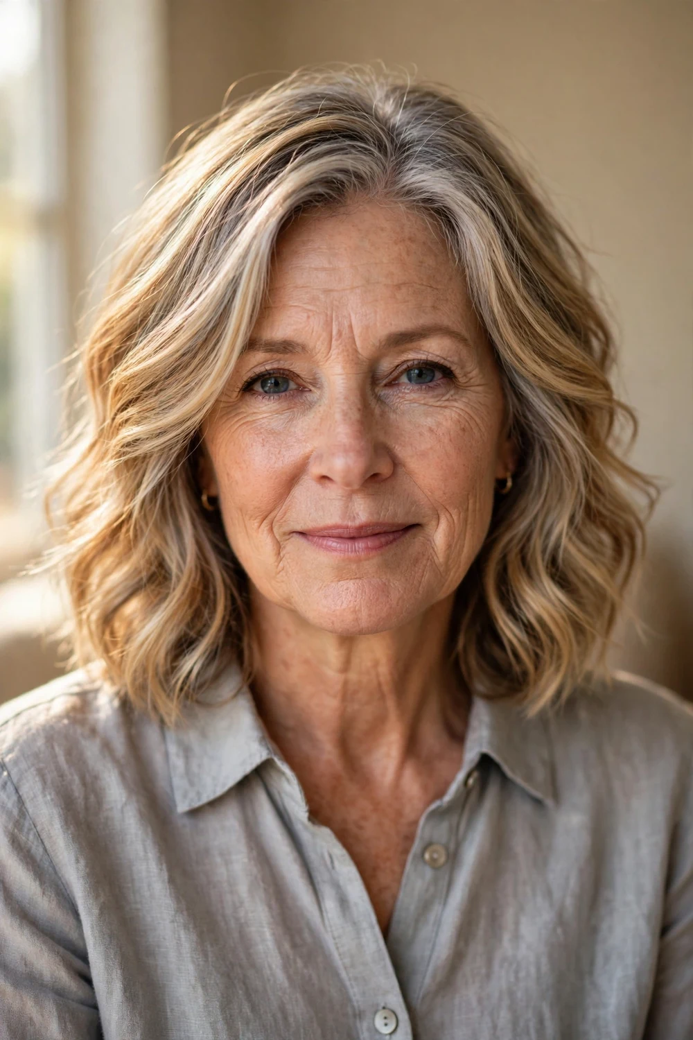 Dimensional blonde hair with blended highlights camouflaging gray hair