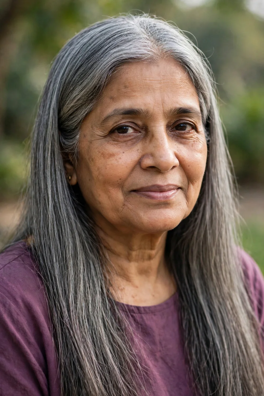 South Asian woman in her mid 60s with long gray-blended hair, natural gray softly melted with lowlights
