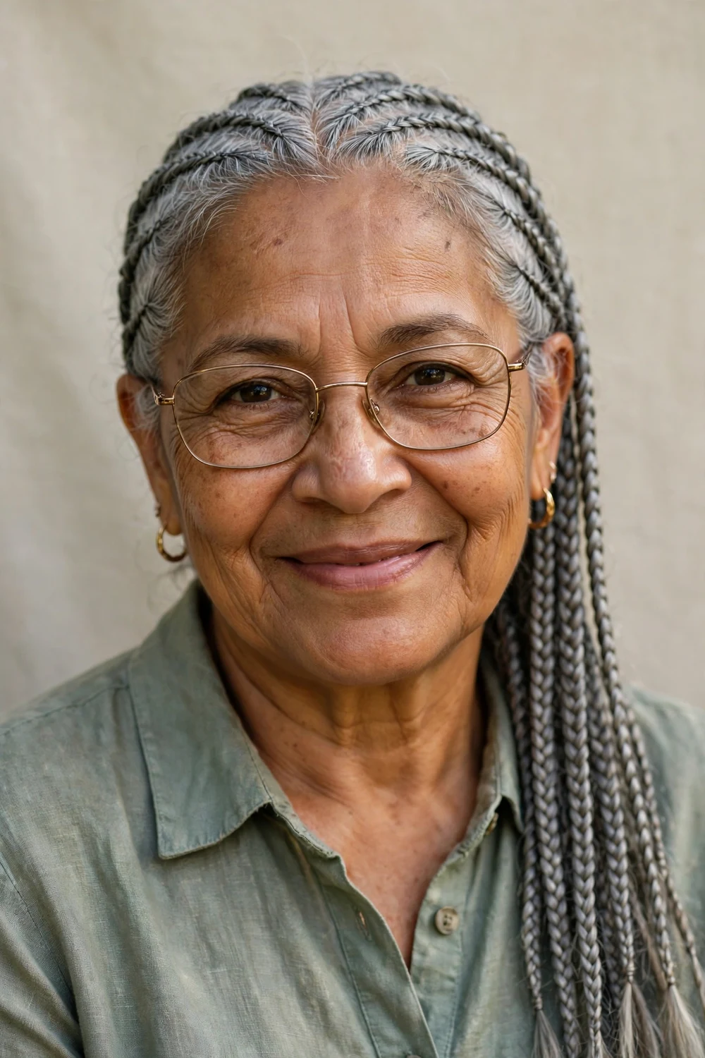 Older Latina woman in her 60s with ash gray lemonade braids swept to one side