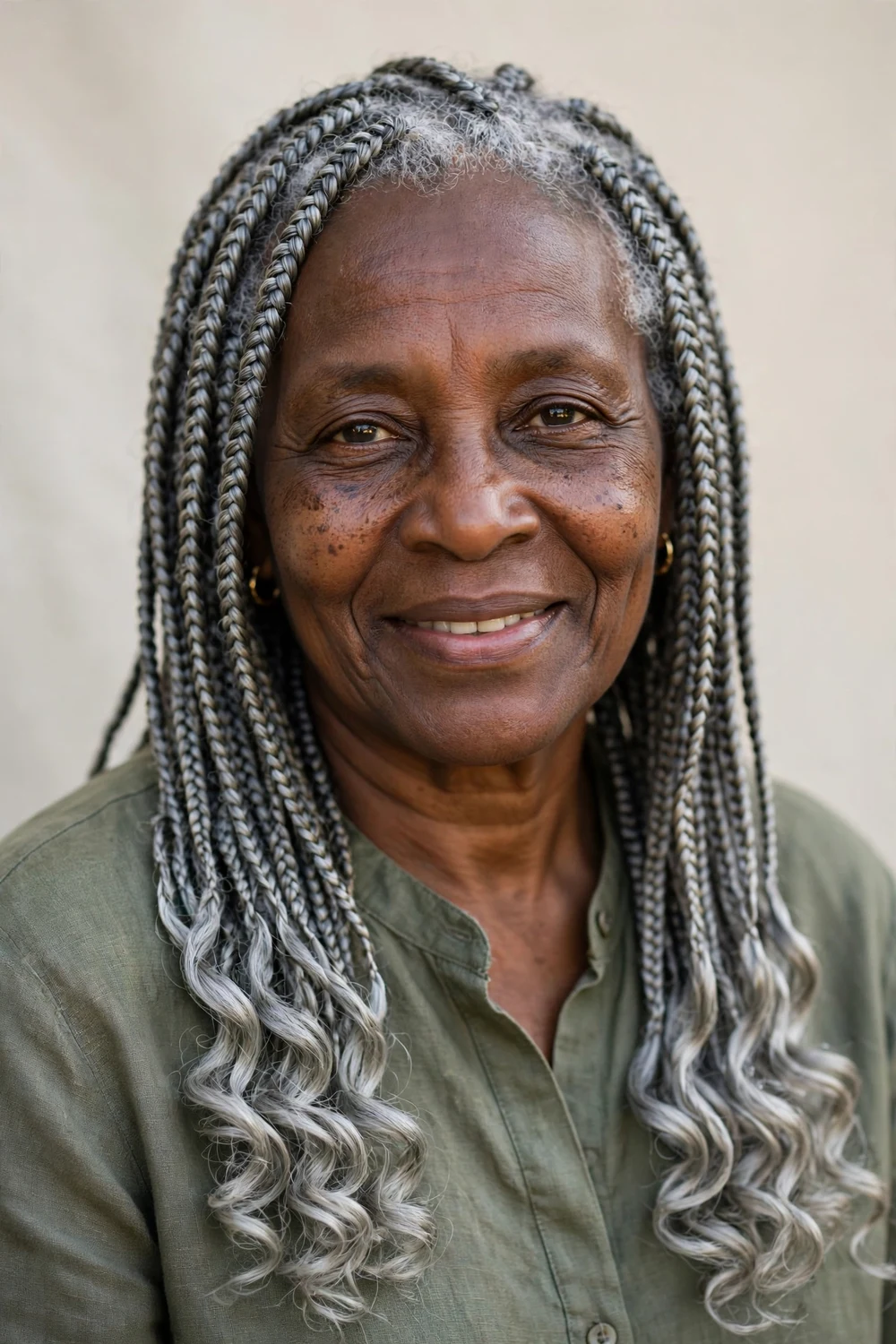 Older Black woman in her 60s with long steel gray box braids ending in loose curls