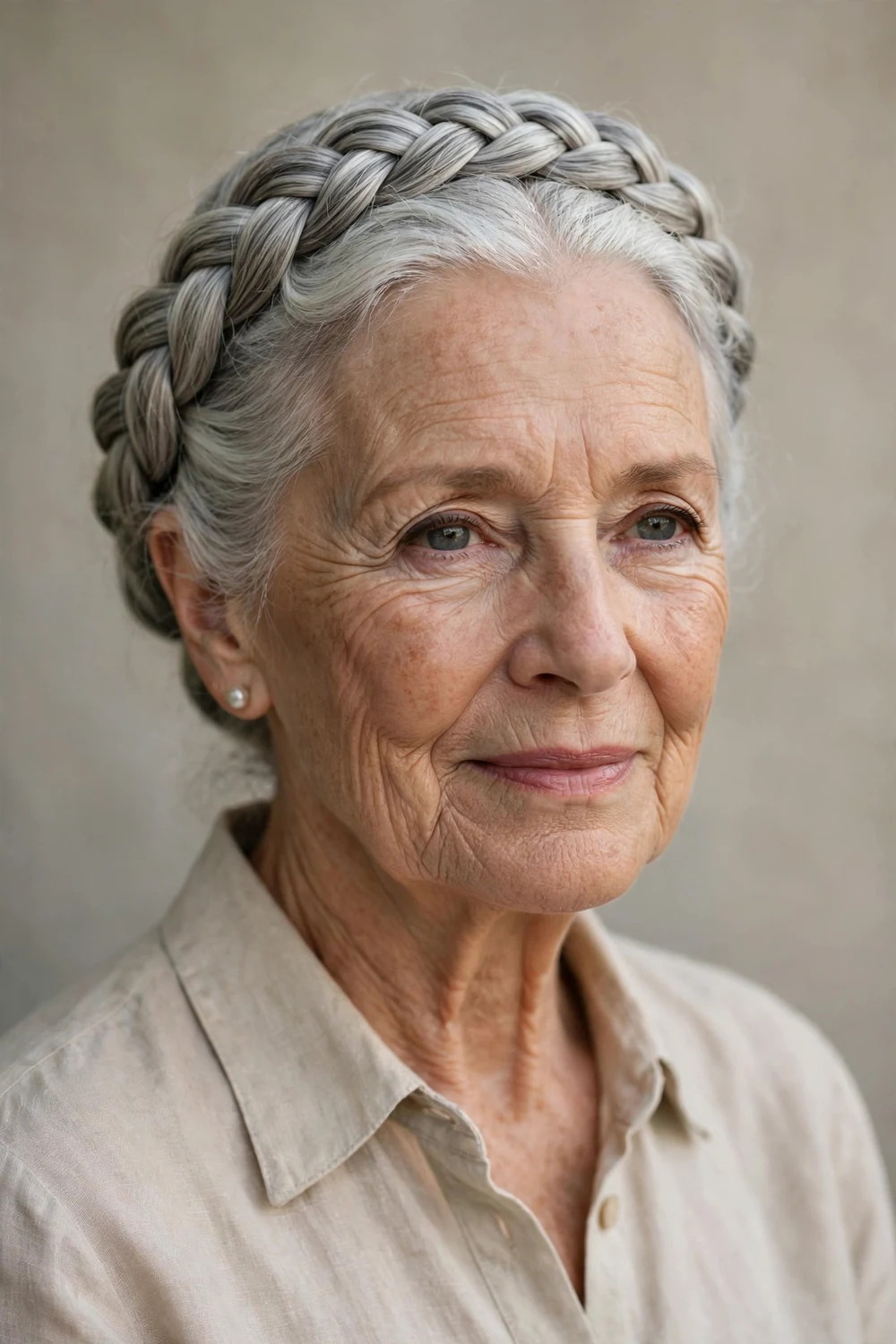 Older white woman in her 70s with a silver braided crown wrapped around her head