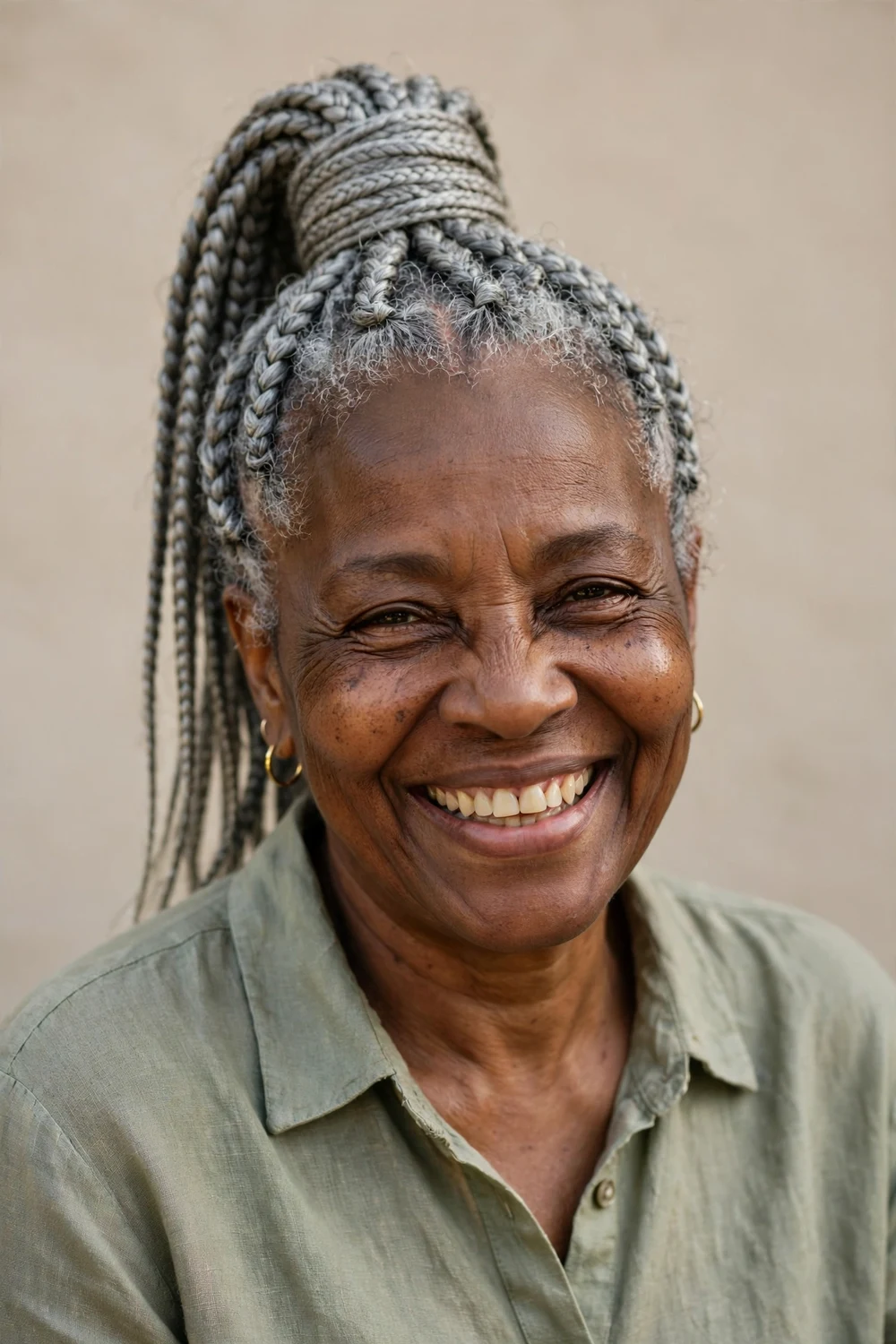 Older Black woman in her 50s with gray braids swept into a high ponytail