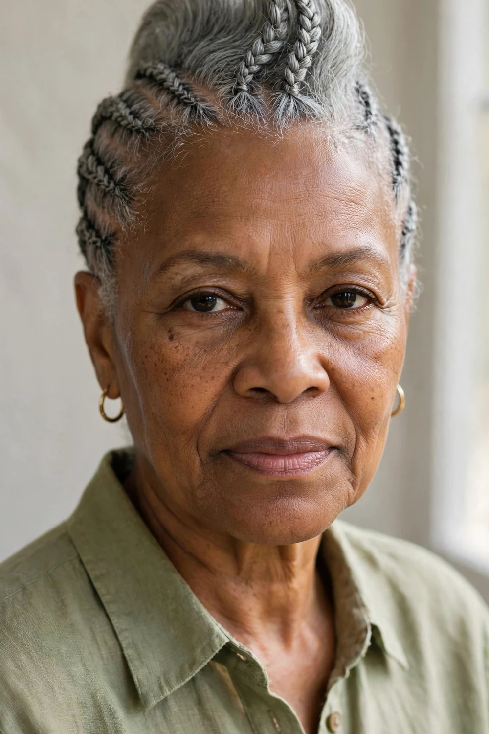 Older Black woman in her 60s with gray cornrows styled upward into a mohawk shape