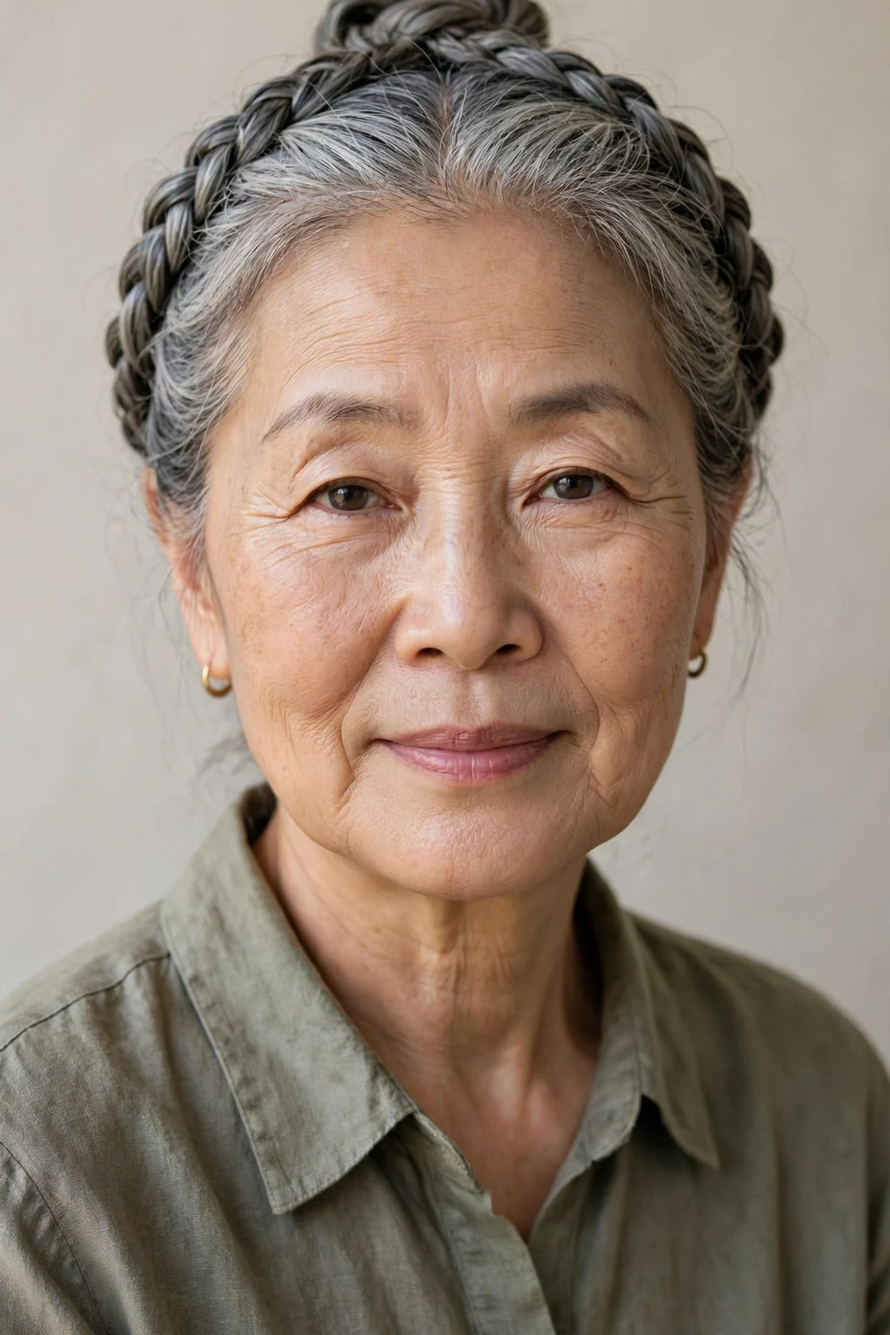Older East Asian woman in her 60s with gray Dutch braids ending in a top bun
