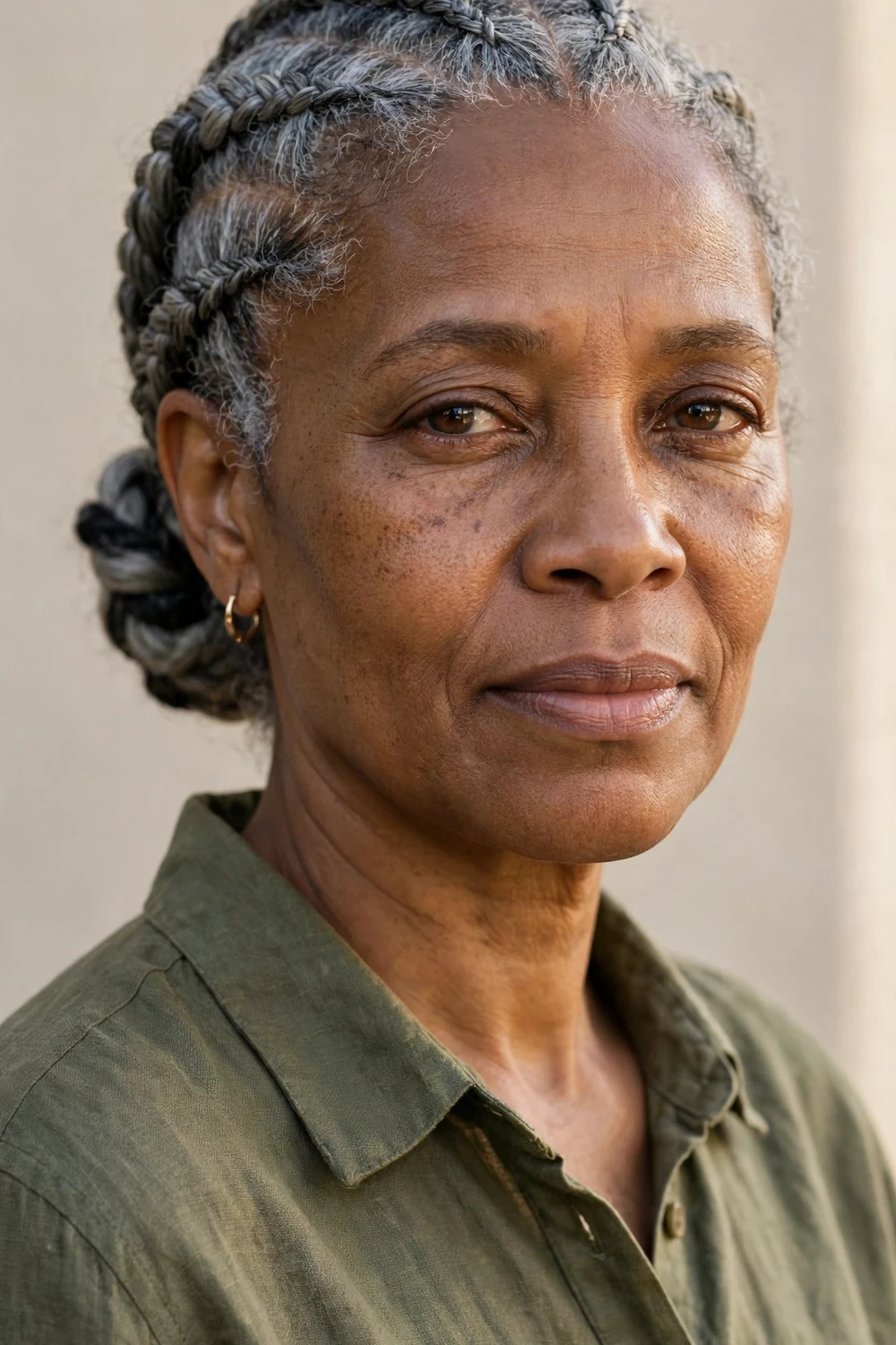 Older Black woman in her 50s with gray feed-in cornrows gathered into a low bun