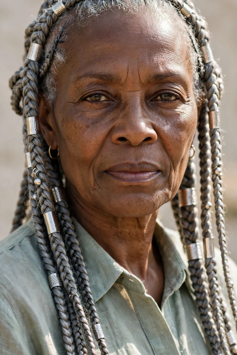 Older Black woman in her 60s with gray Fulani braids decorated with silver cuffs