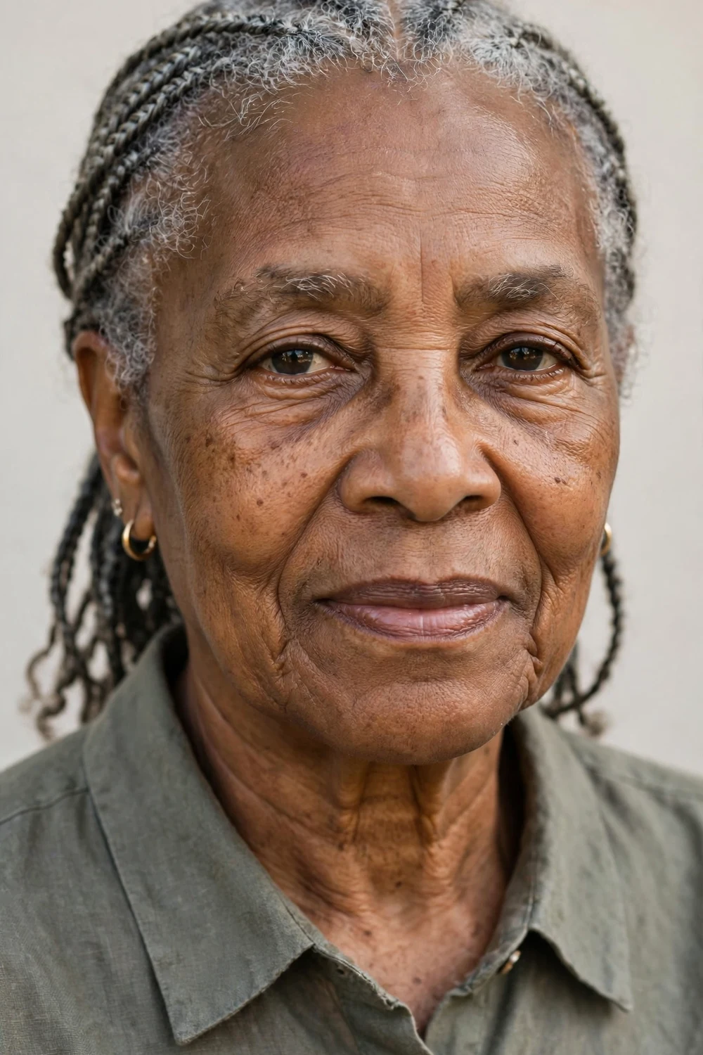Older Black woman in her 70s with fine gray micro braids pulled back from her face