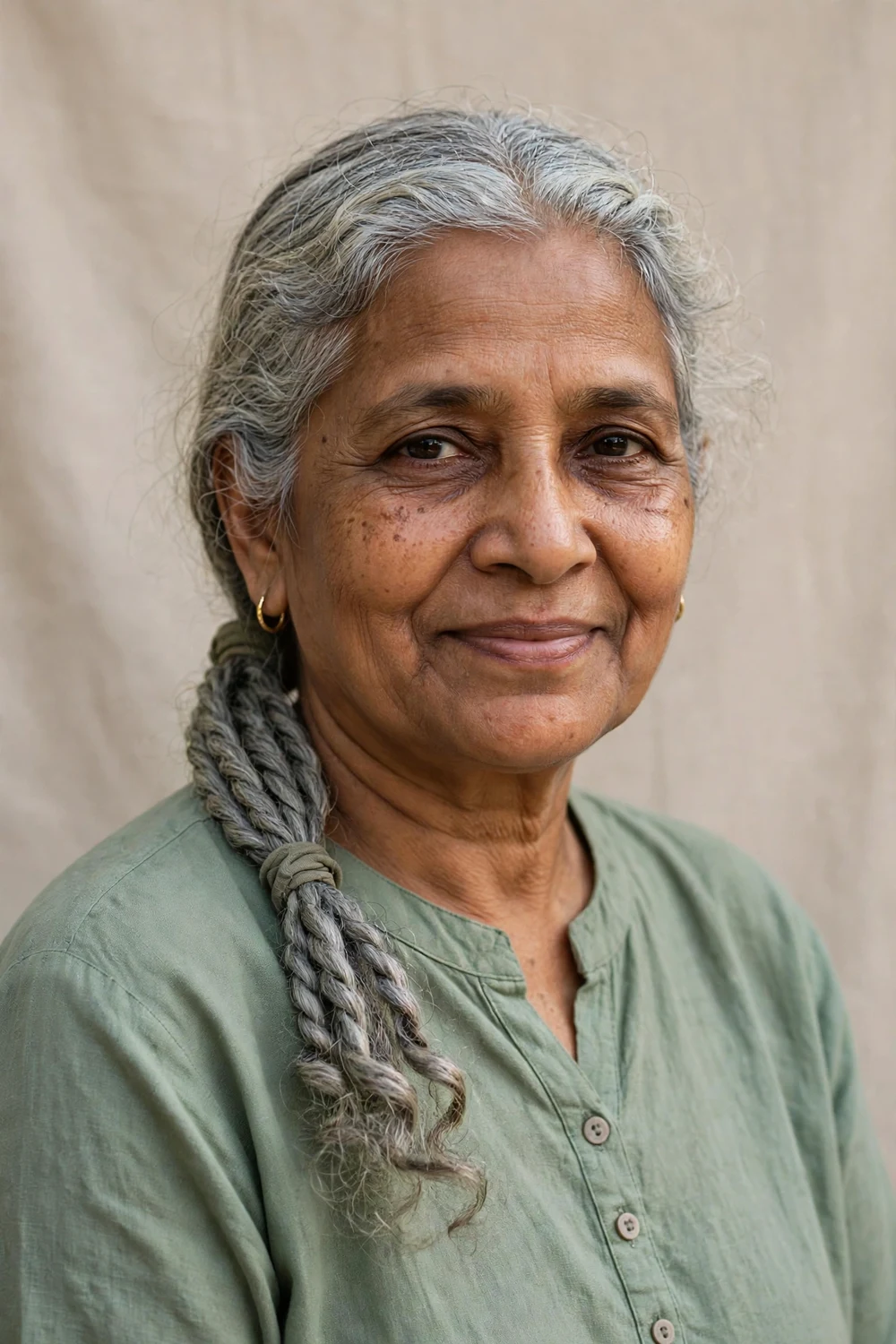 Older South Asian woman in her 60s with gray rope twists tied in a low ponytail