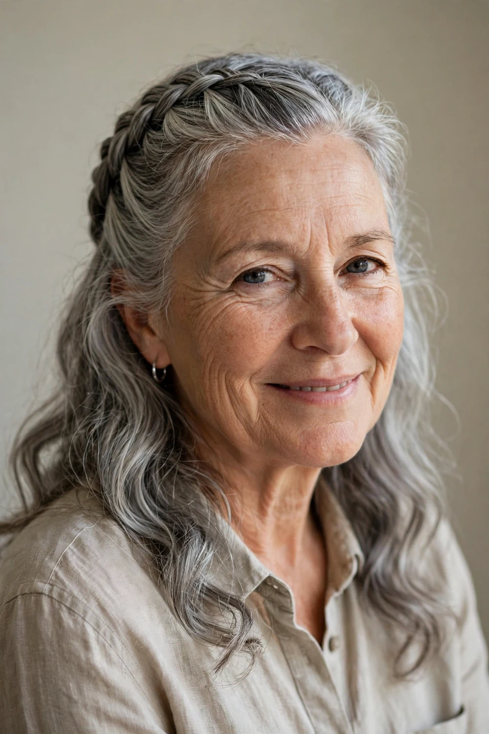 Older white woman in her 50s with the top half of her gray hair braided back over loose waves