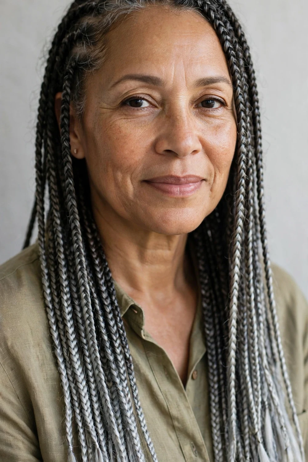 Older woman in her 50s with long braids fading from dark roots to silver ends