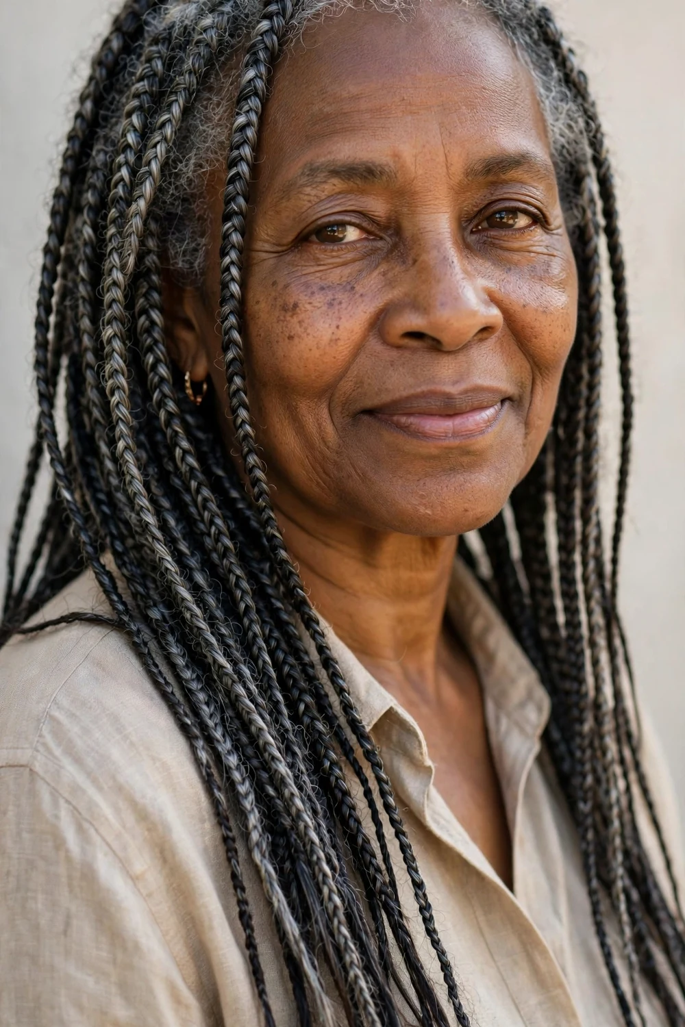 Older Black woman in her 60s with salt-and-pepper knotless braids worn long
