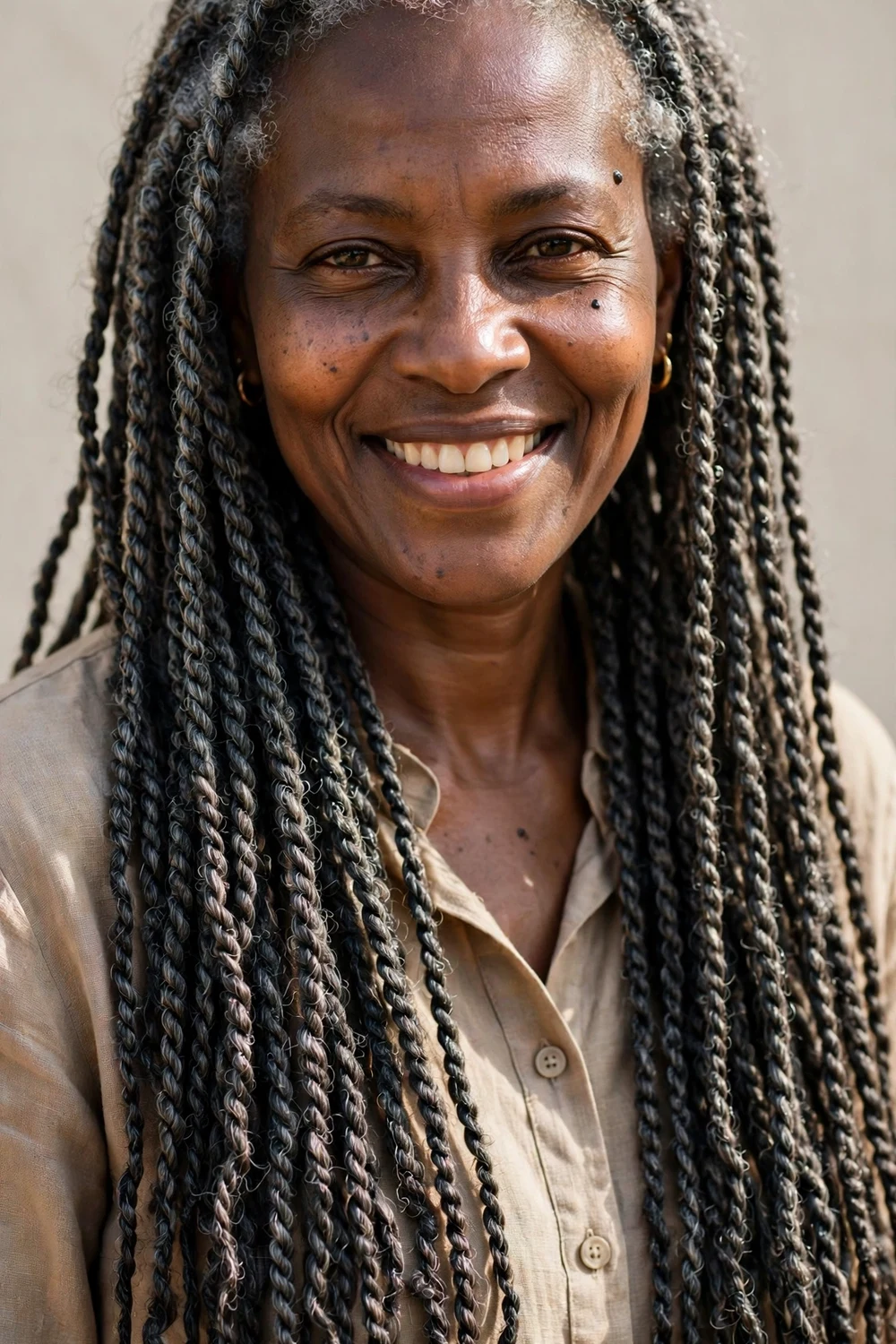 Older Black woman in her 50s with long salt-and-pepper Senegalese rope twists
