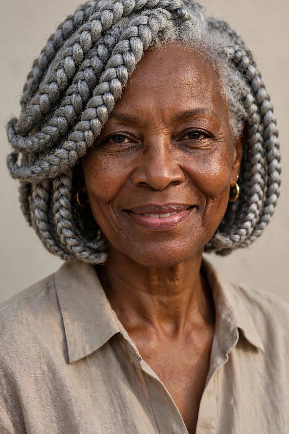 Older Black woman in her 60s with chunky gray braids cut into a side-swept bob