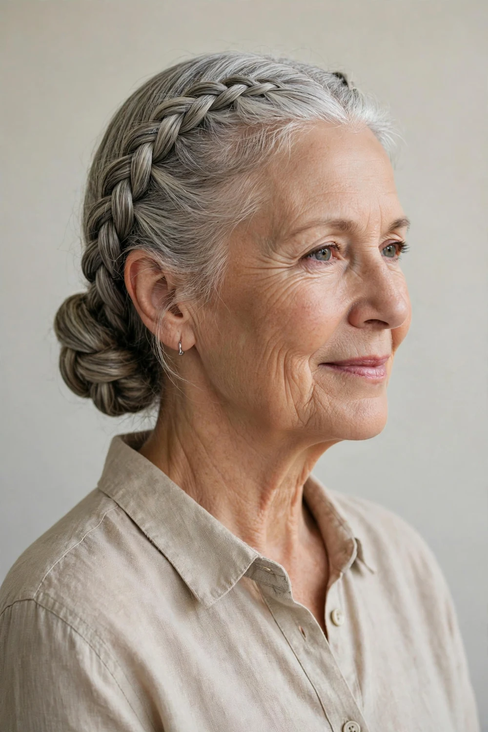 Older white woman in her 60s with two silver French braids twisted into a low chignon