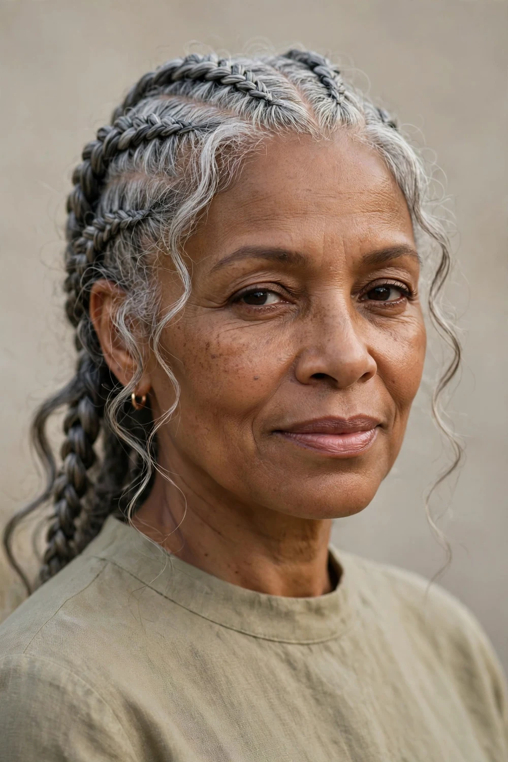 Older woman in her 50s with silver goddess cornrows and wavy strands left loose