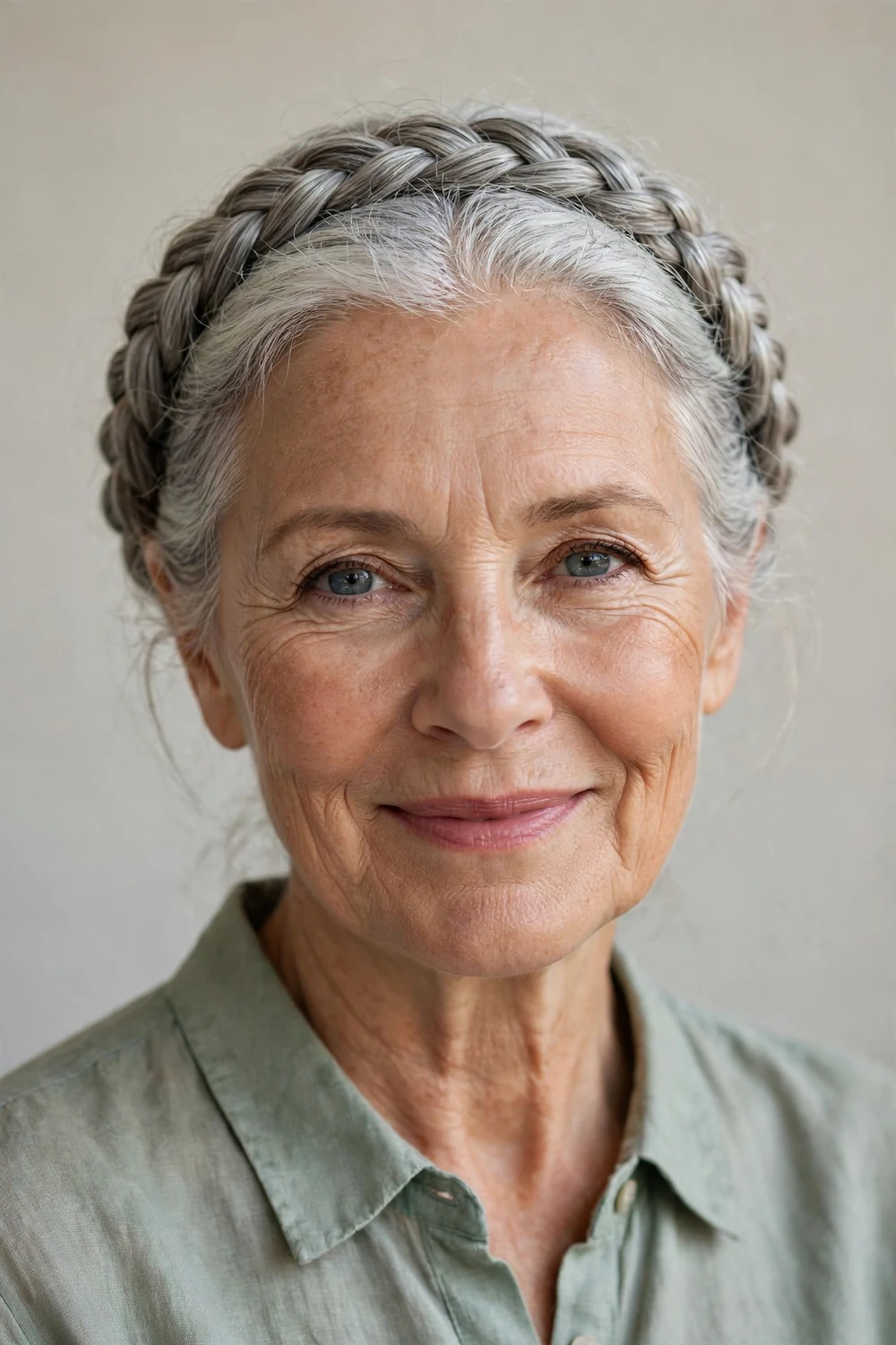 Older white woman in her 60s with a single silver halo braid circling her head