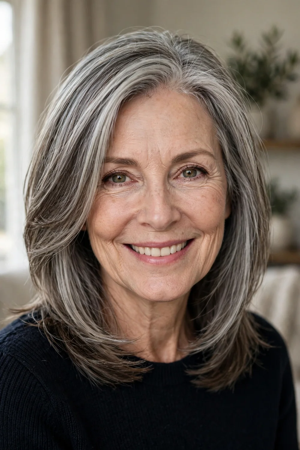 66-year-old woman with silver-gray medium-length hair and face-framing layers