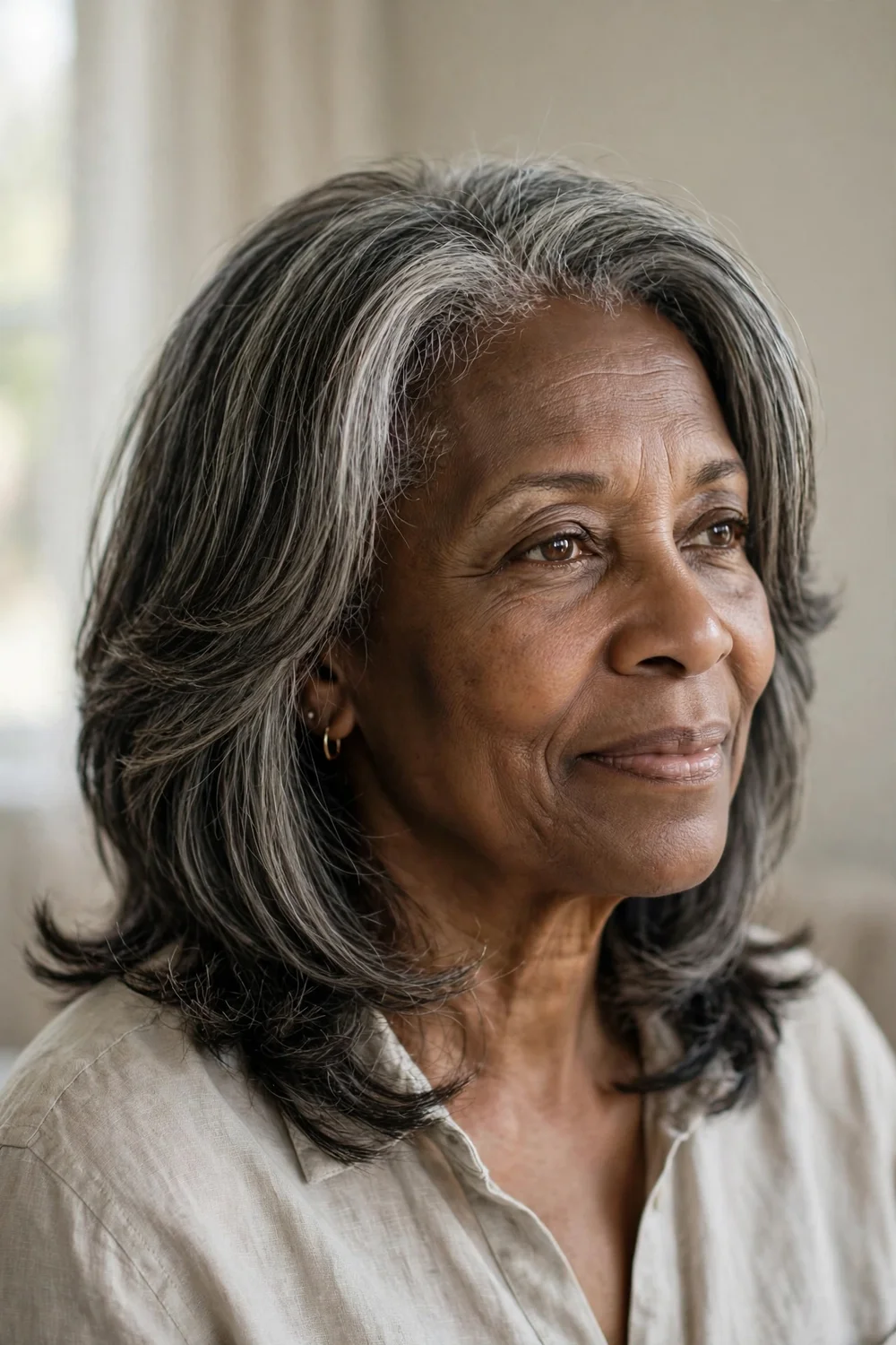 60-year-old Black woman with natural gray shoulder-length hair, three-quarter view