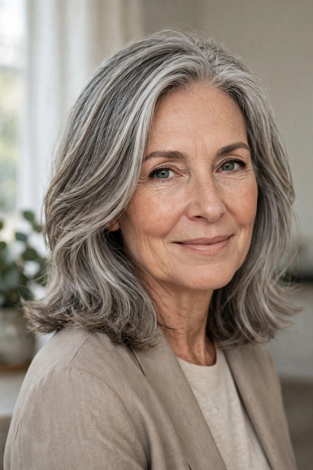 Woman with blended natural gray hair with cool silver and ash lowlights